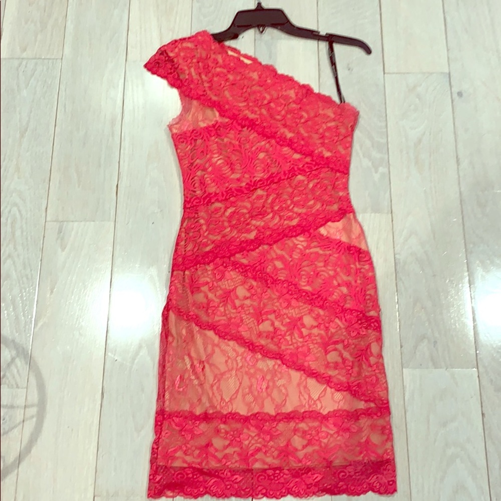 Bebe hot pink lace one shoulder dress